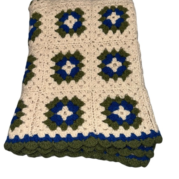 Handmade Crochet Granny Square Blanket Twin 59x88 Blue Green Cream - Picture 3 of 4